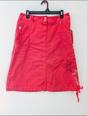 Oilily Red Embroidered Cargo Skirt Tie Hem Utility Y2K Boho Size 38